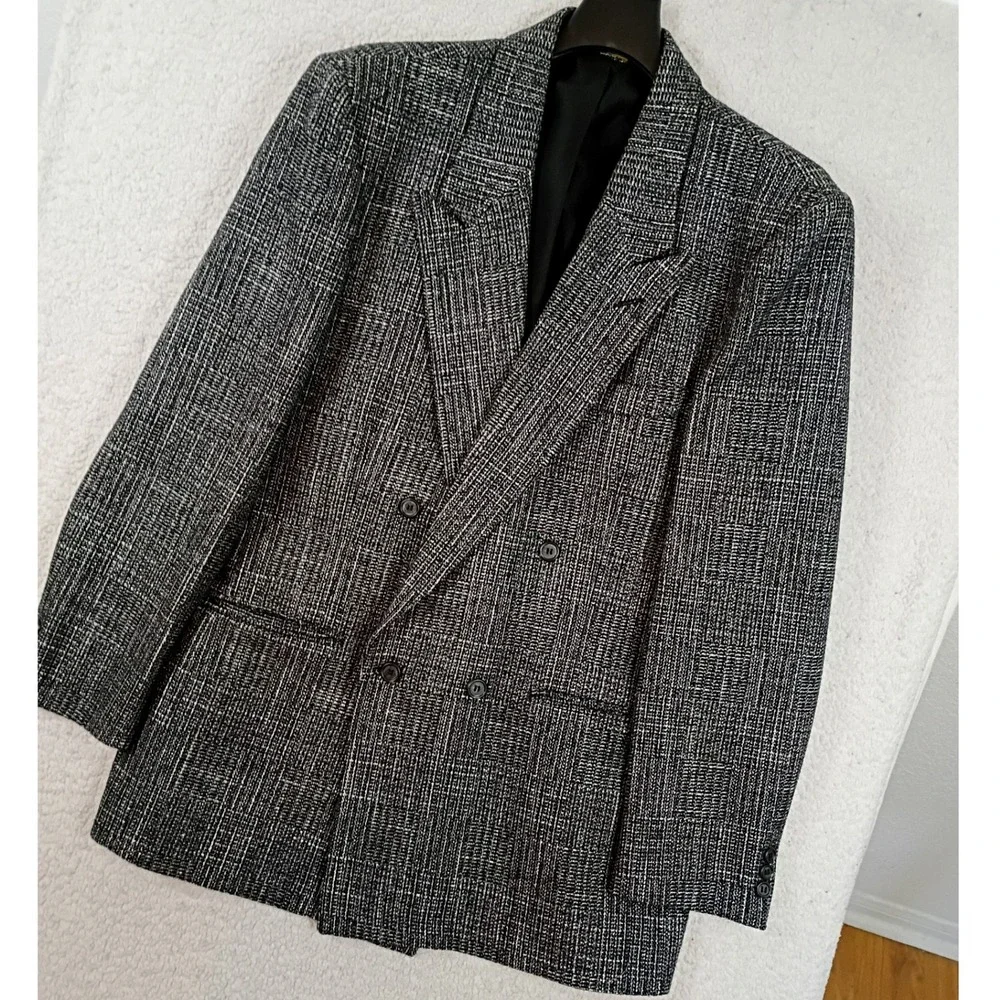 Vintage John Henry Double Breasted Tweed Blazer Mens 42R Black White Wool Casual
